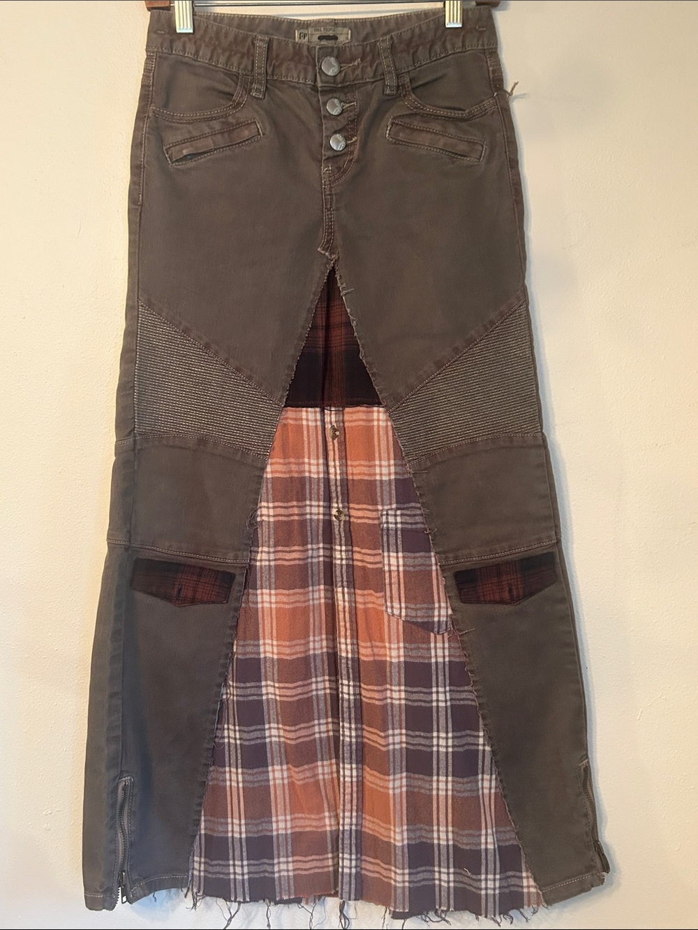 Upcycled free people moto denim jean and plaid button down skirt